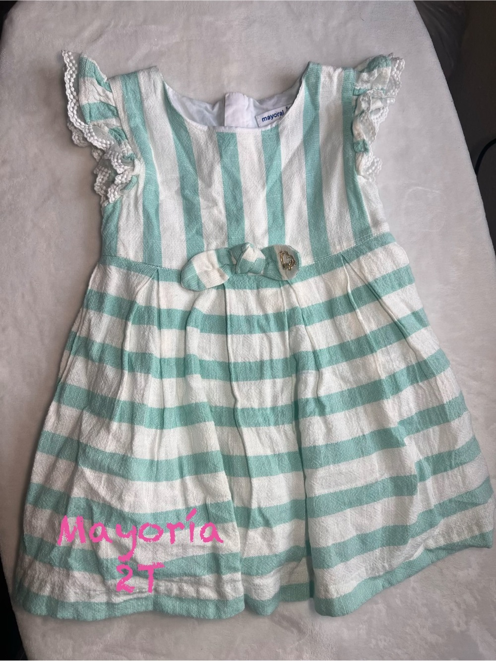 Mayoral Mint and White Striped Dress with Bow